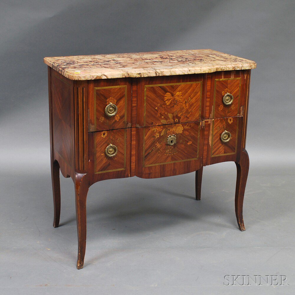 Appraisal: Louis XV-style Marble-top Marquetry Commode with floral and foliate-decorated marquetry