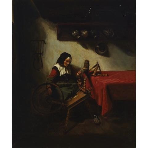 Appraisal: After Nicolaes Maes - WOMAN AT A SPINNING WHEEL Dutch