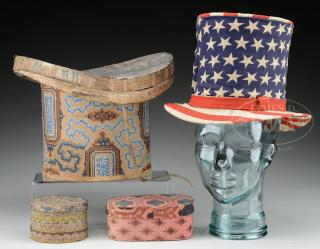 Appraisal: WALLPAPER HAT BOX WITH PATRIOTIC HAT AND TWO WALLPAPER COVERED