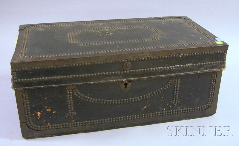 Appraisal: Chinese Export Brass-mounted Black Leather-clad Camphorwood Trunk with interior paper