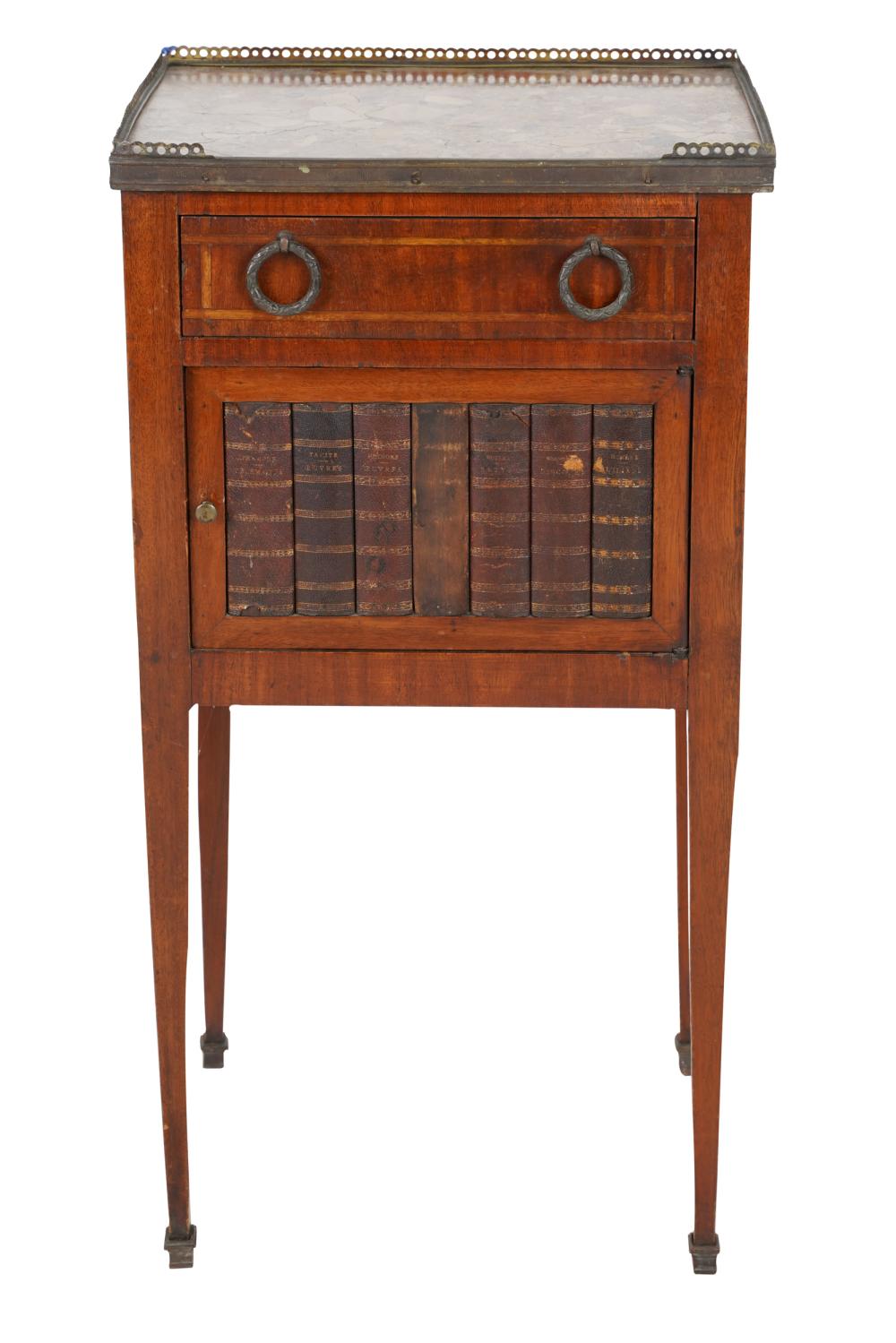 Appraisal: LINE-INLAID MAHOGANY MARBLE-TOP PETITE COMMODEhaving one drawer over a hinged