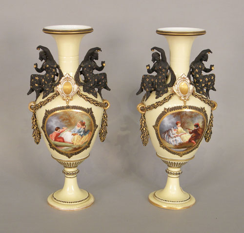 Appraisal: Pair of French painted porcelain urns th c h