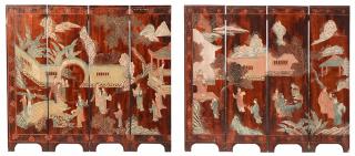 Appraisal: Pair of Chinese Laquered Floor Screens Chinese late th early