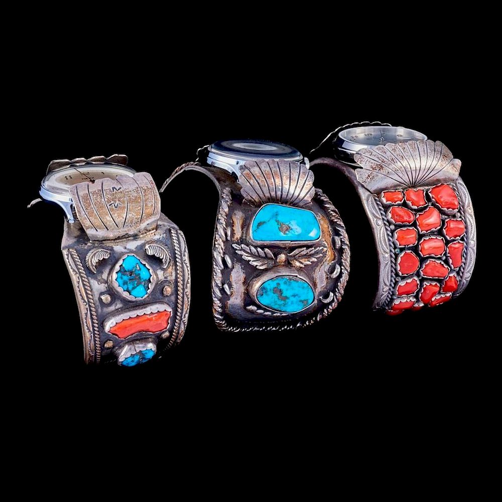 Appraisal: NAVAJO WATCH CUFF BRACELETS Three Old Pawn Southwest turquoise coral