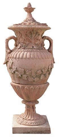 Appraisal: Large terracotta garden urn with removable lid foliated handles grapevine