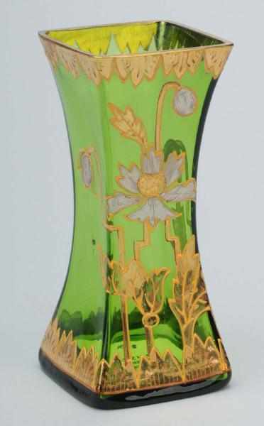 Appraisal: Moser Iridized Emerald Vase Description With heavy gilding and enameling