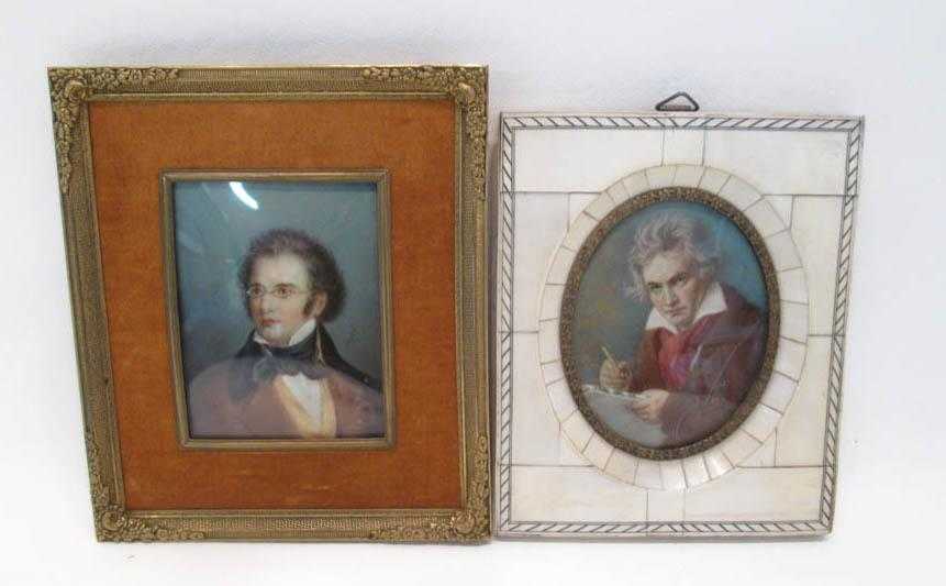 Appraisal: TWO MINIATURE PAINTINGS OVER PRINTS the first a portrait of