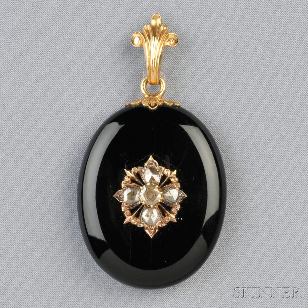 Appraisal: Antique Gold Onyx and Diamond Pendant the onyx pendant mounted