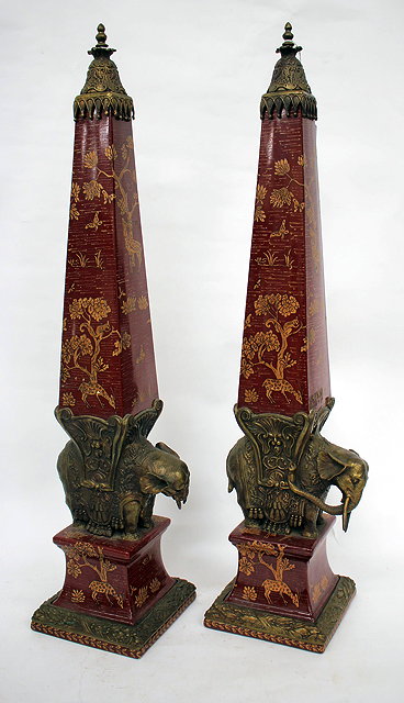 Appraisal: A PAIR OF PORCELAIN AND METAL MOUNTED OBELISKS on elephant