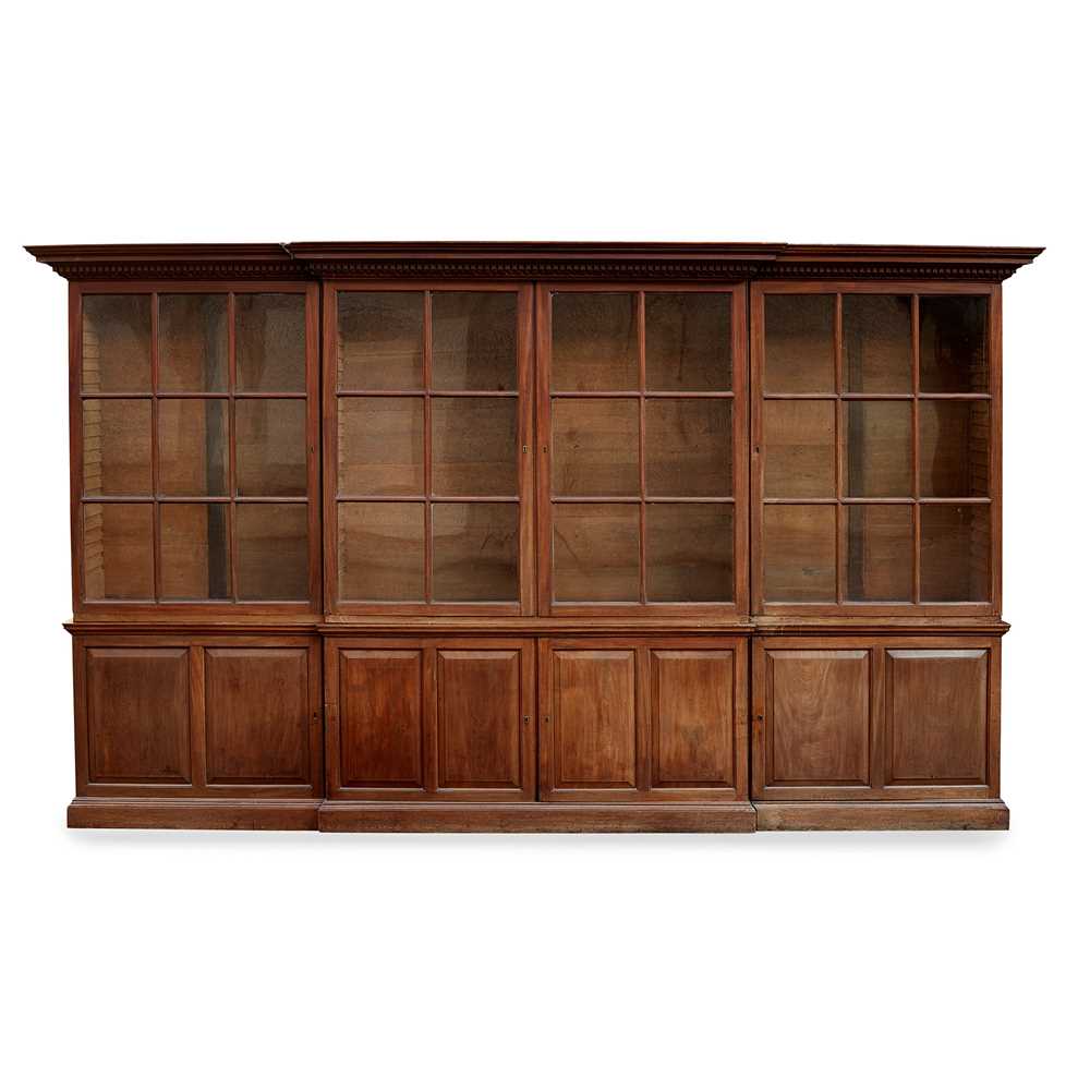 Appraisal: GEORGIAN STYLE MAHOGANY BREAKFRONT LIBRARY BOOKCASE TH CENTURY the base