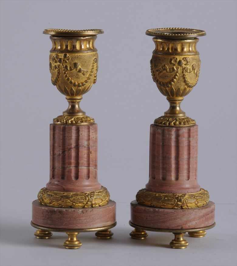 Appraisal: PAIR OF LOUIS XVI STYLE GILT-BRONZE AND PINK MARBLE CANDLESTICKS