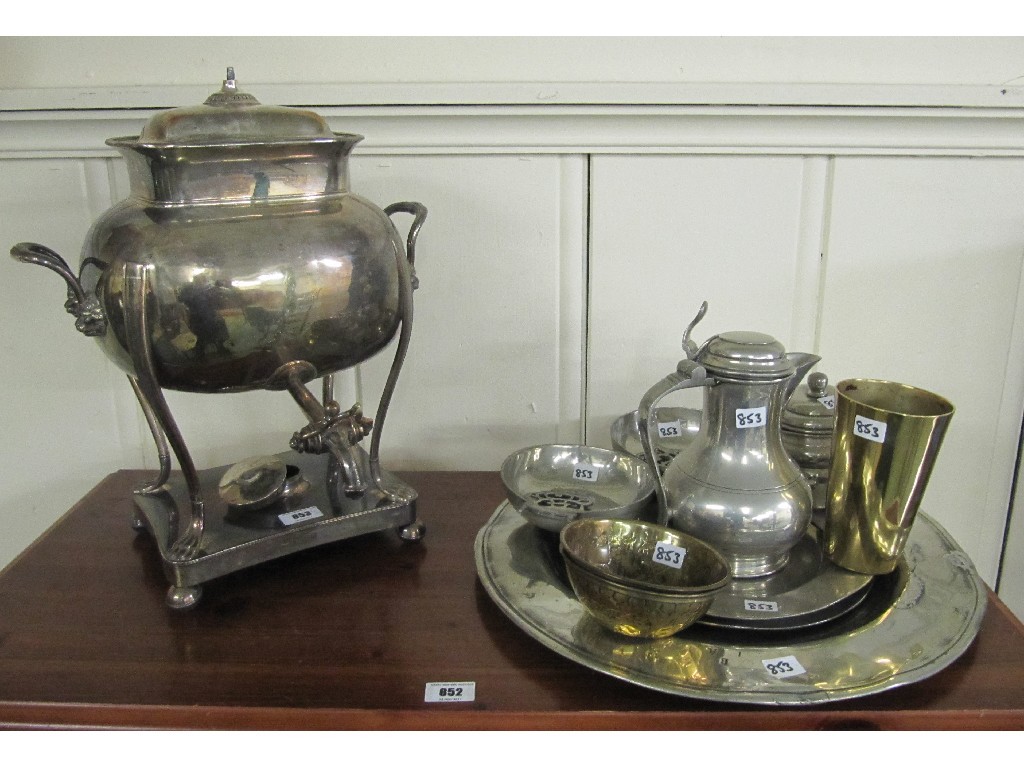 Appraisal: Plated samovar pewter and brass wares