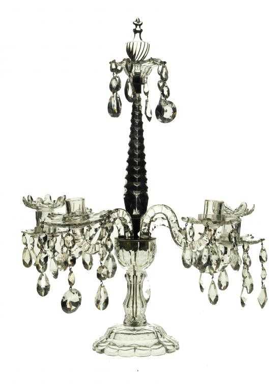 Appraisal: A CUT GLASS CANDELABRUM ENGLISH OR IRISH hung with faceted