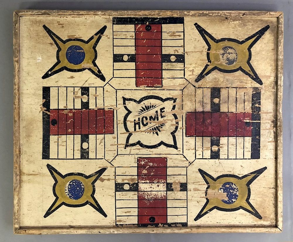 Appraisal: Wood Painted Game Board Wood painted game board Parcheesi checkers