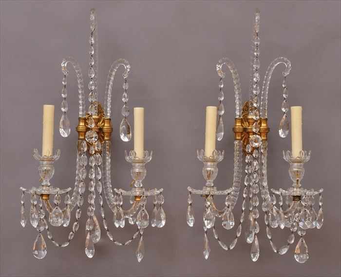 Appraisal: PAIR OF GEORGE III-STYLE GILT-METAL MOUNTED TWO-LIGHT CHANDELIERS Electrified x