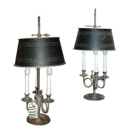 Appraisal: Pair of Brass Three-Light Bouillotte Lamps with Tole Shades Estimate