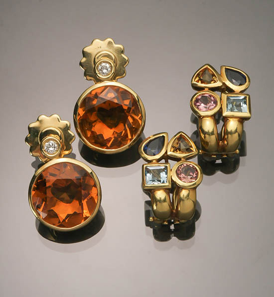 Appraisal: Two Pairs of Italian -Karat Yellow-Gold and Gem-Set Earrings Manfredi