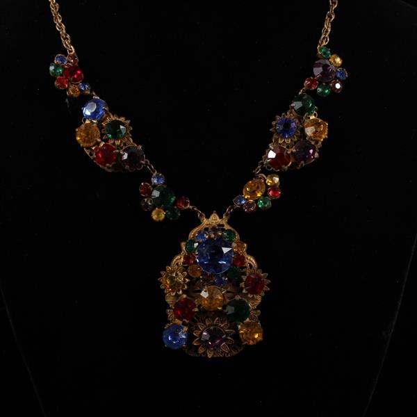 Appraisal: Unmarked Czech Faceted Multi Crystal Jeweled Brass Filigree Necklace