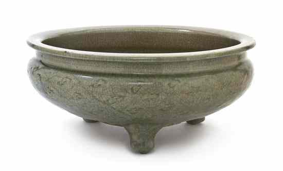 Appraisal: A Longquan Tripod Censer possibly Ming Dynasty of circular form