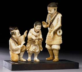 Appraisal: CARVED IVORY OKIMONO Finely carved ivory okimono group with child