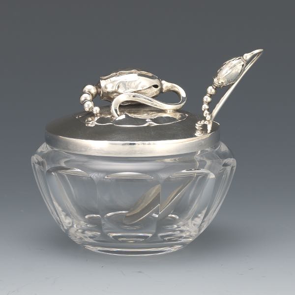 Appraisal: GEORG JENSEN STERLING SILVER AND GLASS JAM JAR WITH SPOON