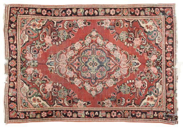 Appraisal: Hand-tied Persian Lilihan rug with three stitched and patched repairs