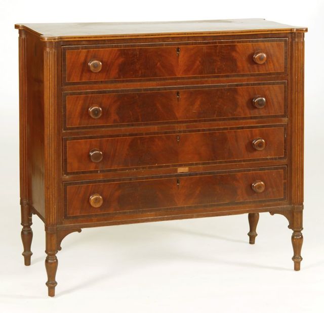 Appraisal: ANTIQUE AMERICAN SHERATON FOUR-DRAWER BUREAU In mahogany and other woods