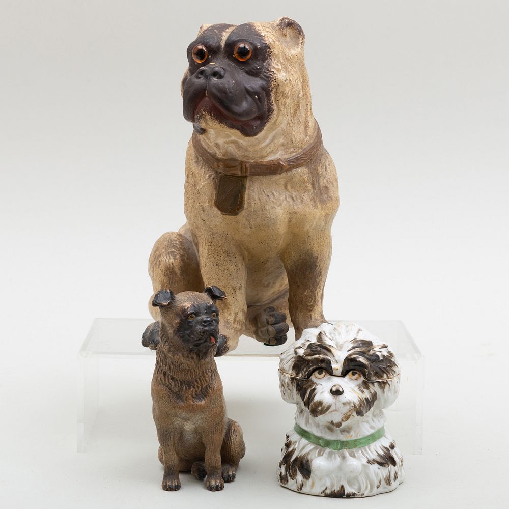 Appraisal: Two Dog Form Tobacco Jars and Cover and a Terracotta