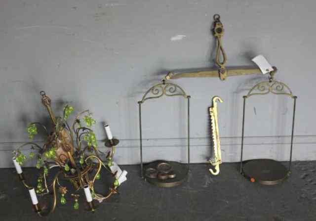 Appraisal: Antique Brass Double Pan Scale and Chandelier Lot Vintage brass