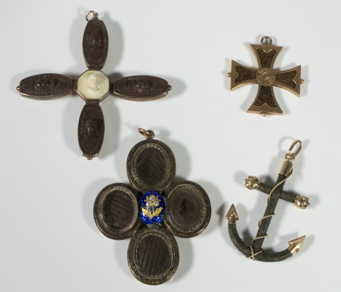 Appraisal: VICTORIAN PENDANTS Including with woven hair and set with cameos