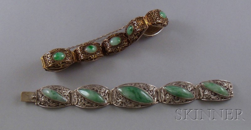 Appraisal: Two Chinese Silver Filigree and Jade Bracelets