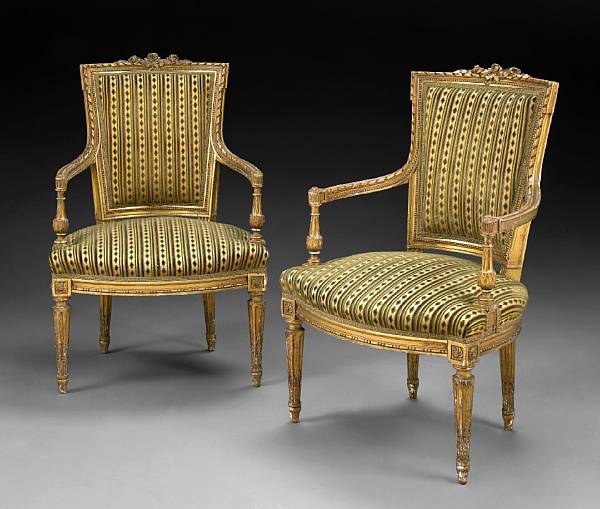 Appraisal: A pair of Louis XVI style giltwood fauteuils circa Each