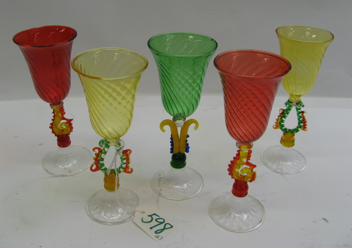 Appraisal: SET OF FIVE ITALIAN CRYSTAL LIQUERS multi-colored bowls on varied