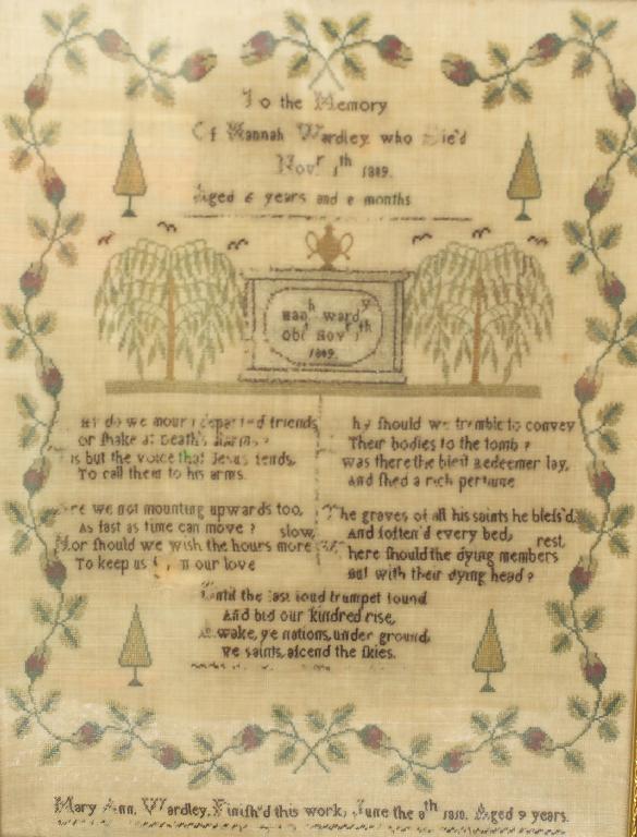 Appraisal: GEORGE III NEEDLEWORK MEMORIAL SAMPLER worked with religious verse within