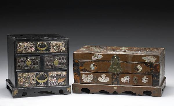 Appraisal: Two lacquered wood storage boxes with tortoise shell and mother-of-pearl