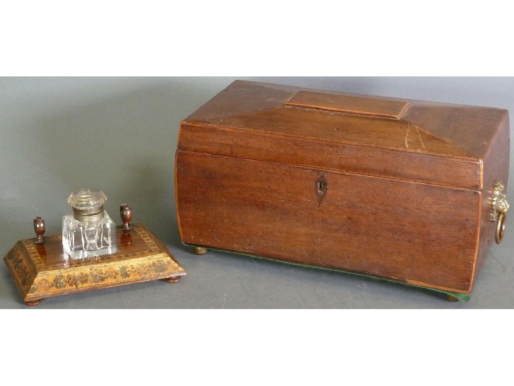 Appraisal: VICTORIAN TUNBRIDGE WARE BANDED ROSEWOOD INKSTAND chamferred oblong form with