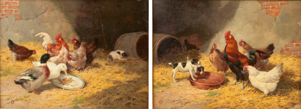 Appraisal: Claude Cardon British exh - Ducks Hens Puppies Hens Both