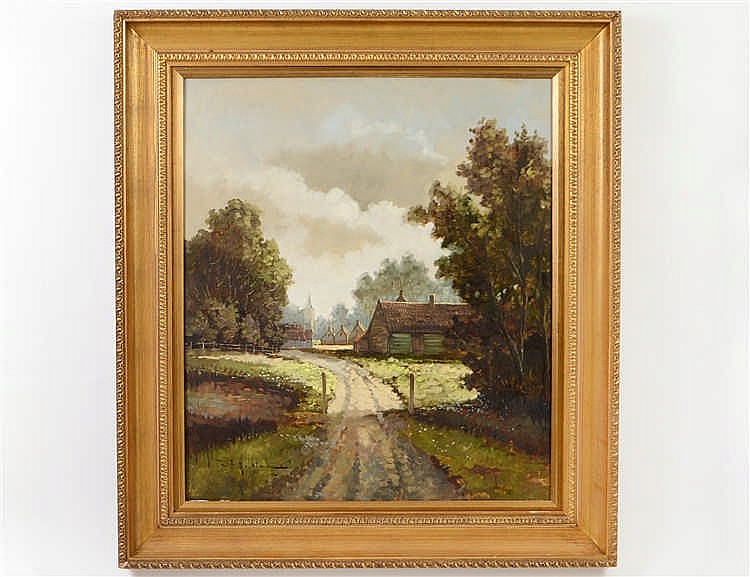 Appraisal: EUROPEAN AMERICAN SCHOOL TH CENTURY Village Landscape Signed indistinctly Oil