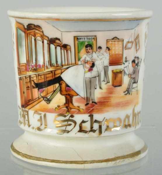 Appraisal: Barber Shop Scene Shaving Mug Description Gilt name M F