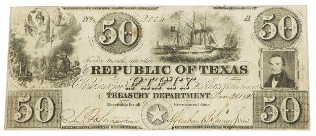 Appraisal: Republic of Texas bill dated January signed Mirabeau B Lamar