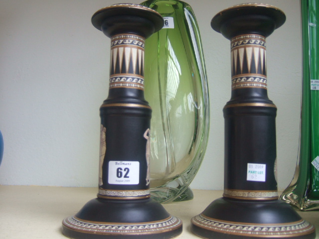 Appraisal: A pair of Prattware candlesticks in the 'Old Greek' pattern