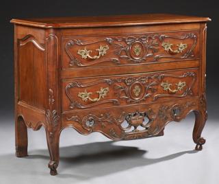 Appraisal: French Louis XV Style Carved Walnut Bowfront Commo French Louis