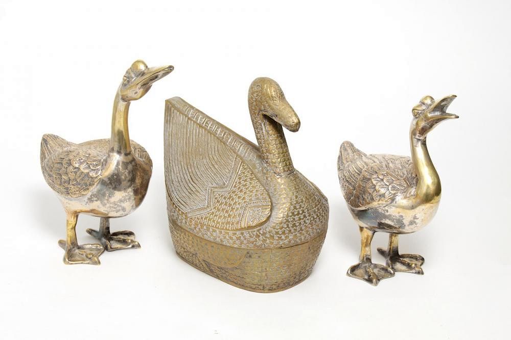 Appraisal: Asian Brass Duck Figures a Pair a Box Three Asian