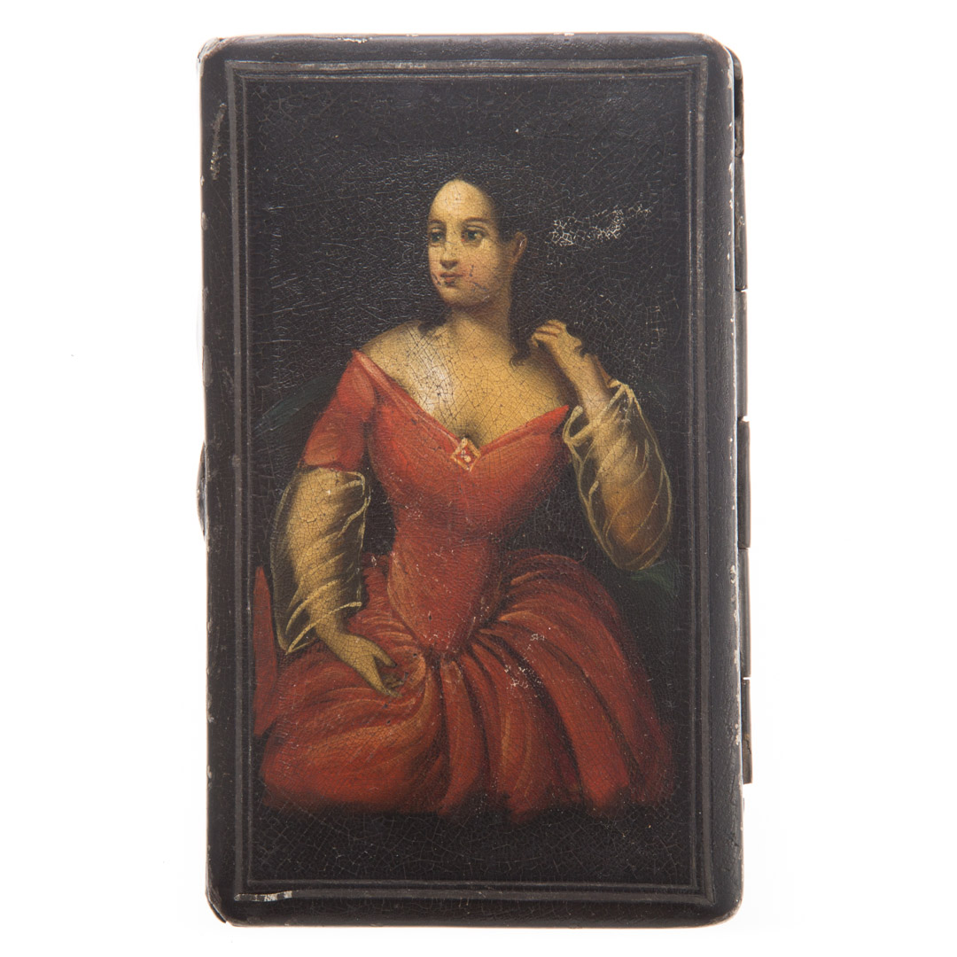 Appraisal: Regency toleware box with portrait of a beauty circa rectangular