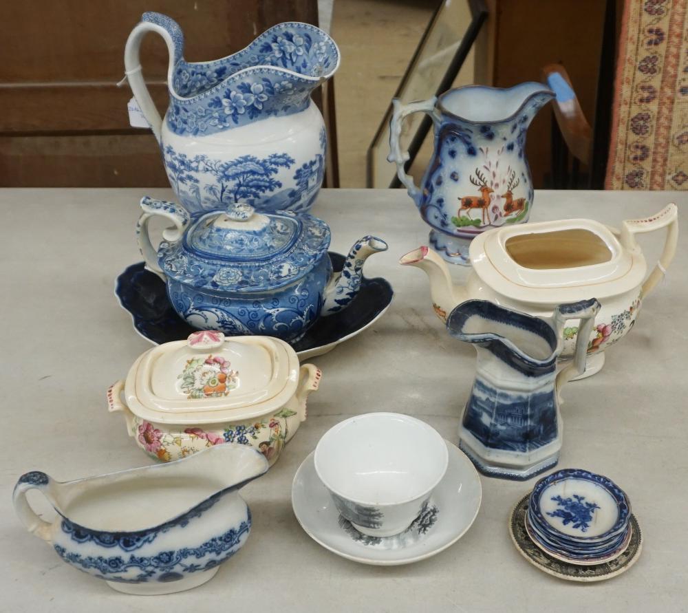 Appraisal: GROUP OF STAFFORDSHIRE BLUE PRINTED AND POLYCHROME PITCHER TWO TEAPOTS