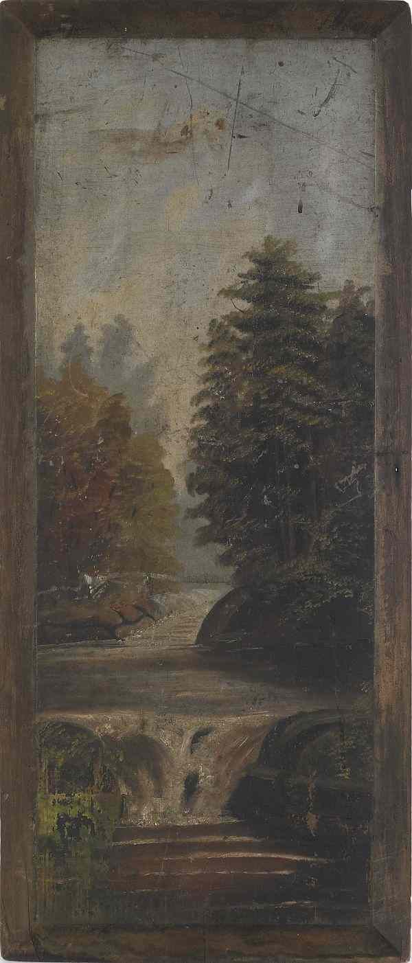 Appraisal: Oil on wood panel landscape late th c with a