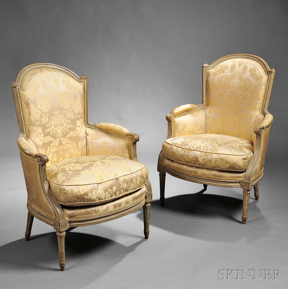 Appraisal: Pair of Louis XVI Painted and Upholstered Bergeres Paris c