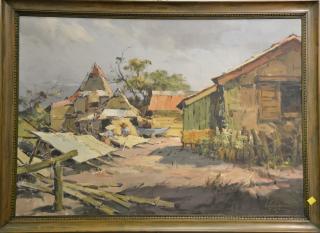 Appraisal: Gabriel Custodio oil on board Building Bamboo Houses signed and