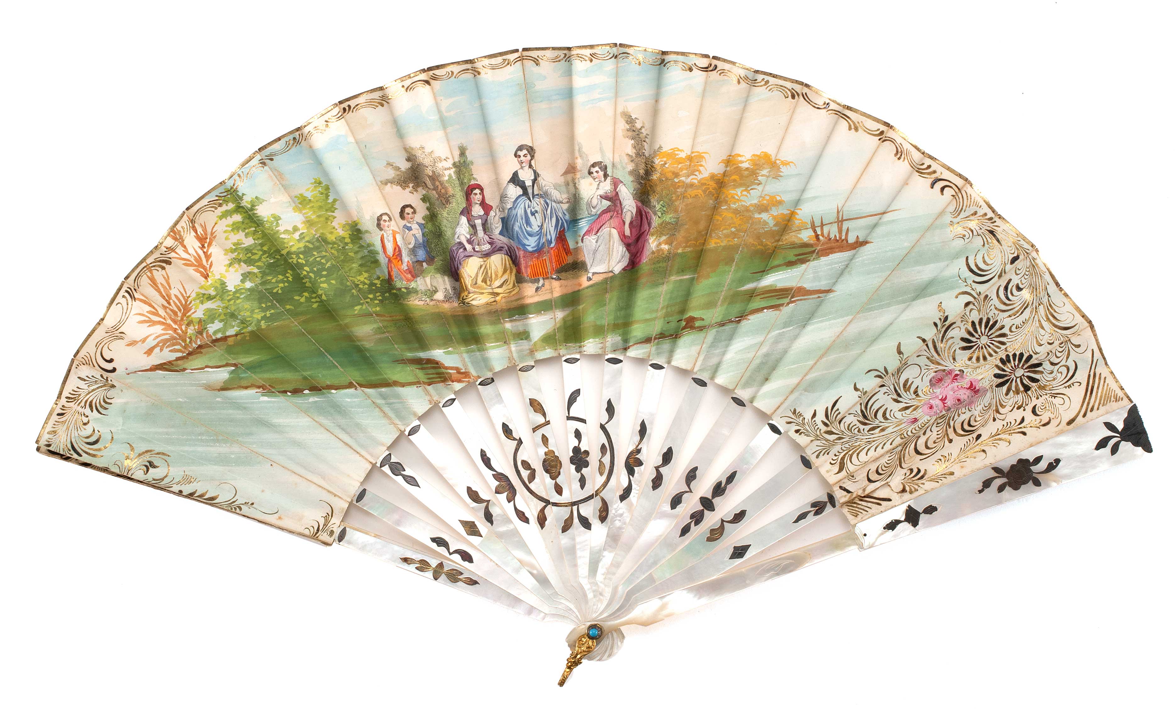 Appraisal: PAPER AND MOTHER-OF-PEARL FOLDING FAN Spanish Late th CenturyDouble-sided leaf