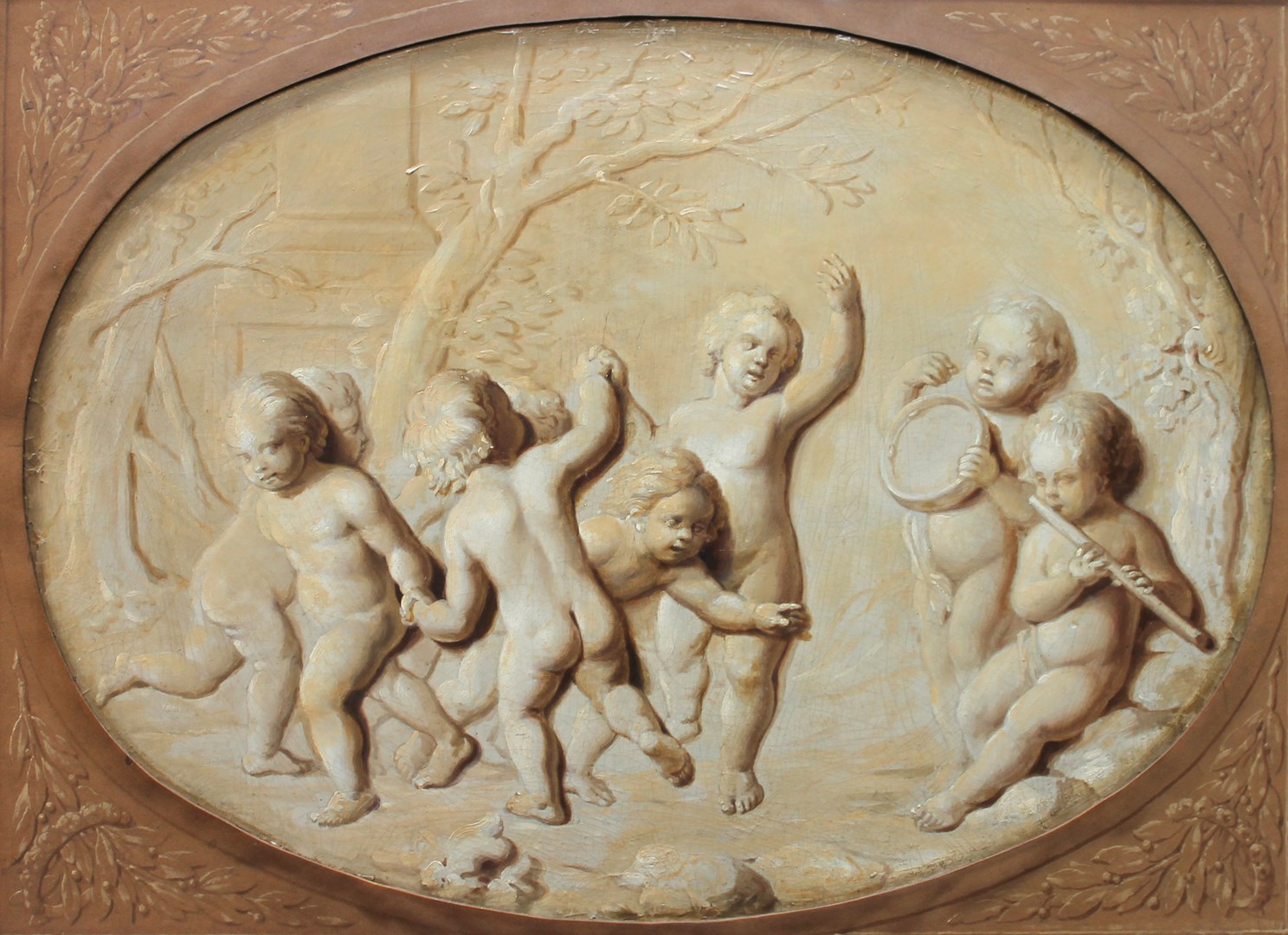 Appraisal: French School th century Putti oil on board oval cm